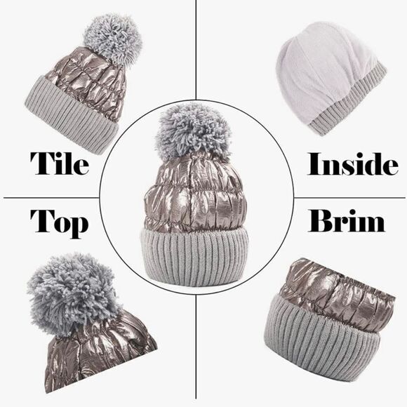 Beanie puffer Cuff Beanie Skull hat pom Pompom Fleece Lined Winter Cap main image 8